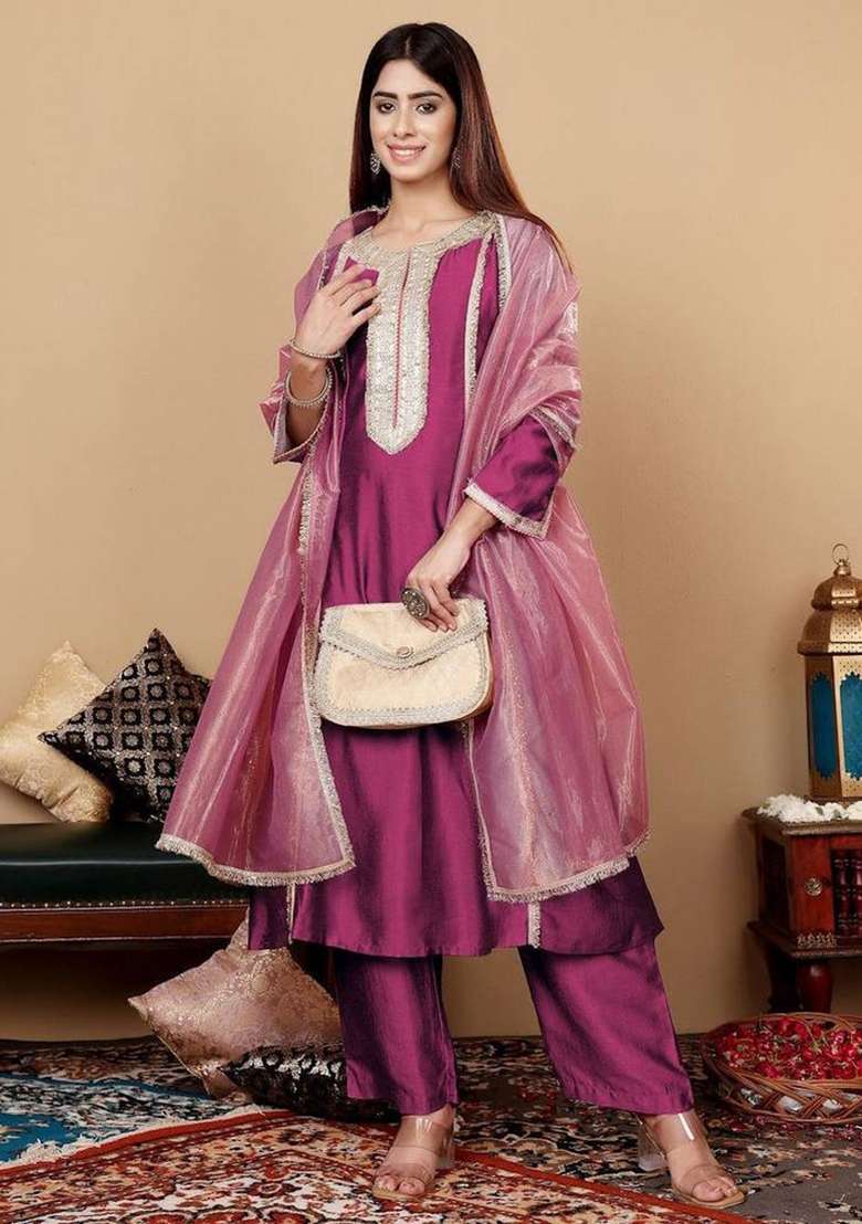 Purple Embroidery Silk Kurta Set - Indya