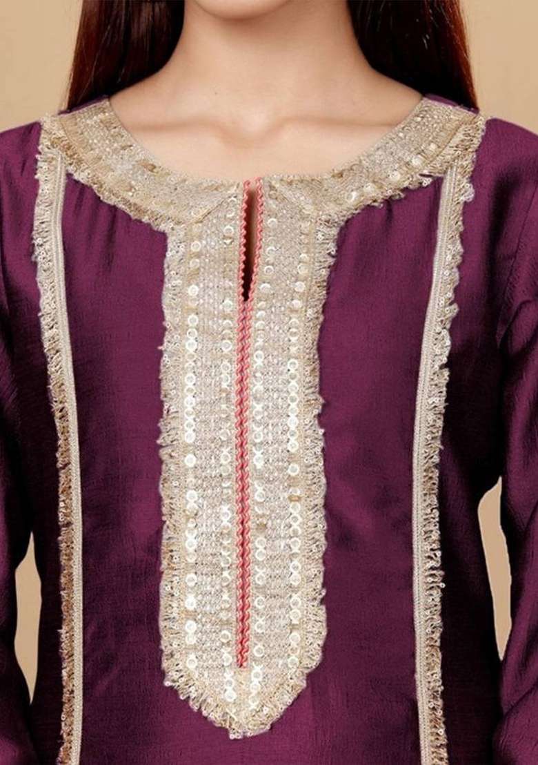Purple Embroidery Silk Kurta Set - Indya