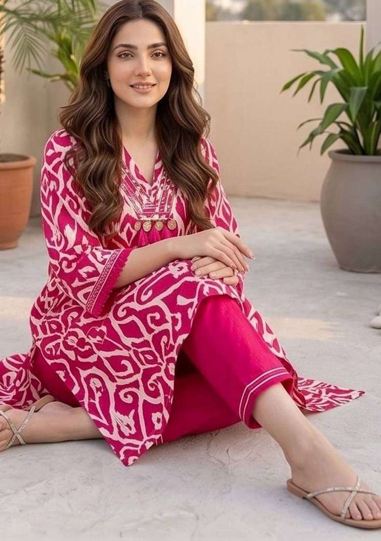 Pink Printed Cotton Kurta Set - Indya
