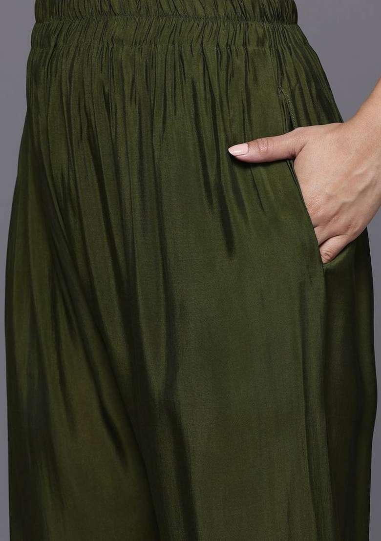 Olive Embroidery Silk Kurta Set - Indya