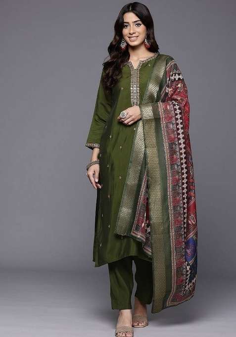 Olive Embroidery Silk Kurta Set