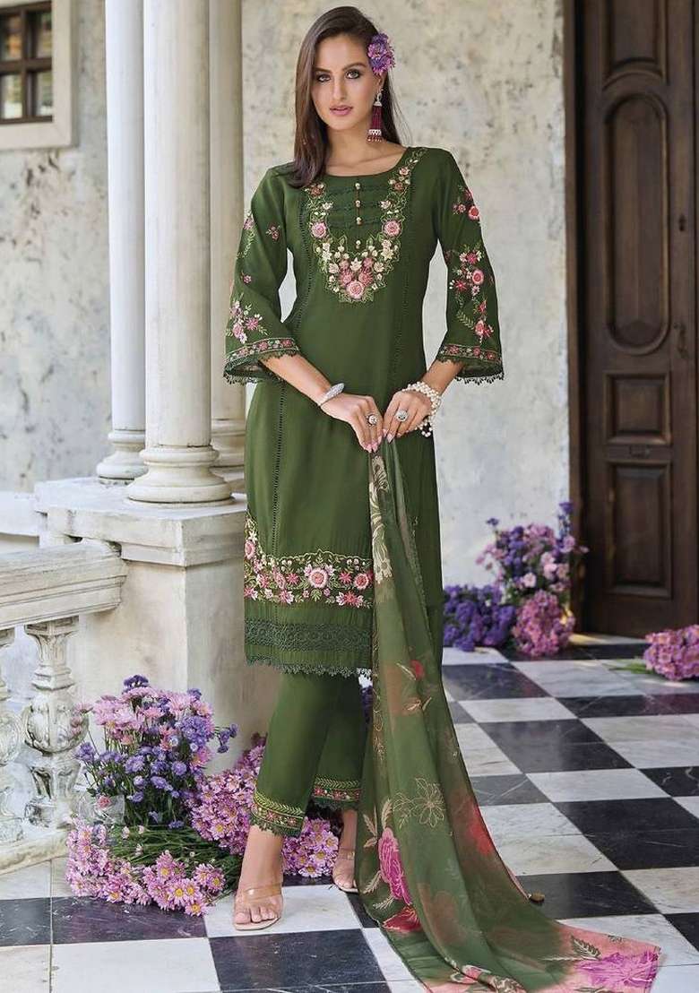 Green Embroidery Cotton Kurta Set - Indya