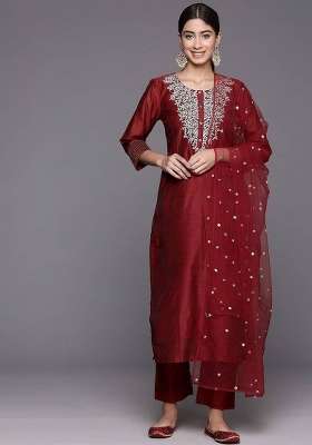 Maroon Embroidery Silk Kurta Set