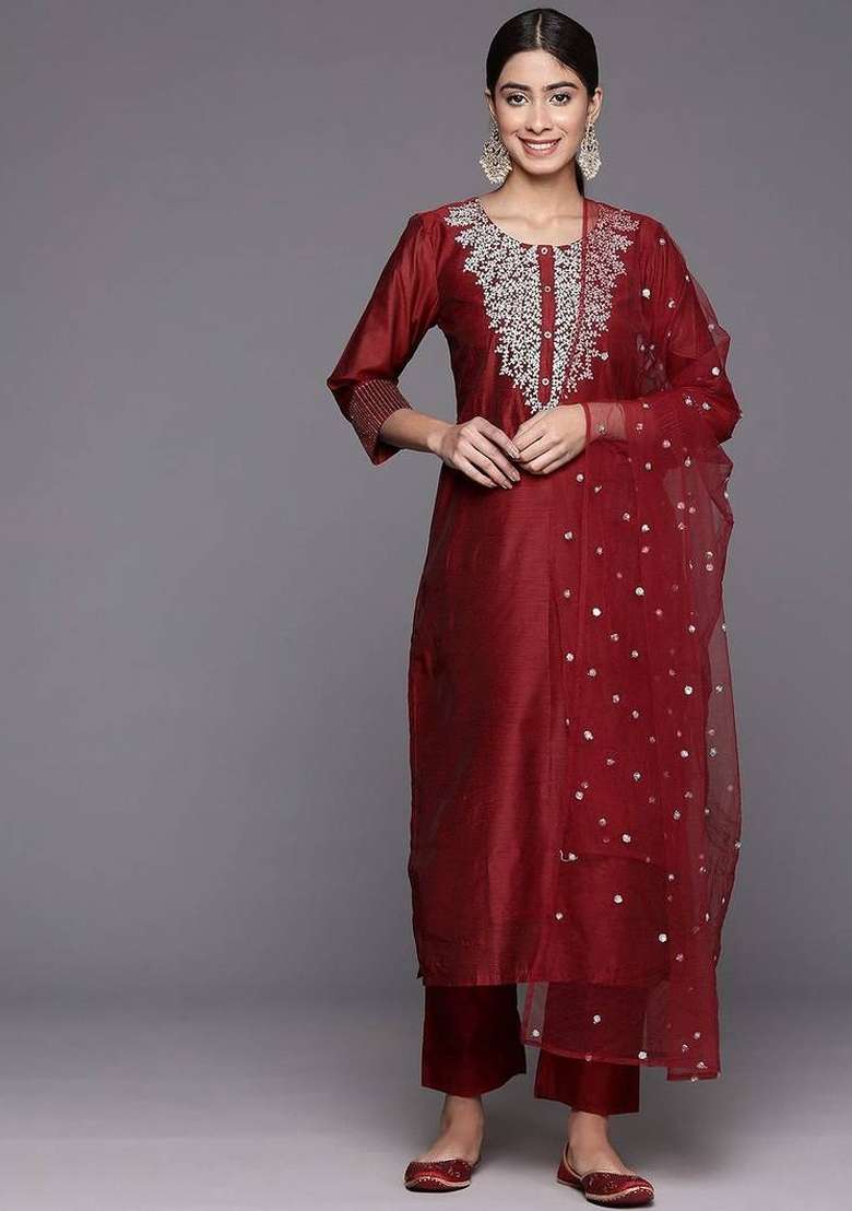 Maroon Embroidery Silk Kurta Set - Indya