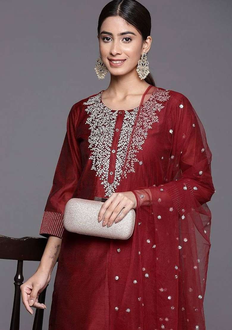 Maroon Embroidery Silk Kurta Set - Indya
