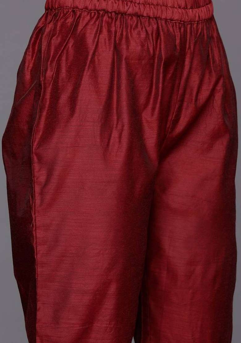 Maroon Embroidery Silk Kurta Set - Indya