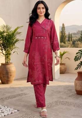 Maroon Printed Silk Kurta Set