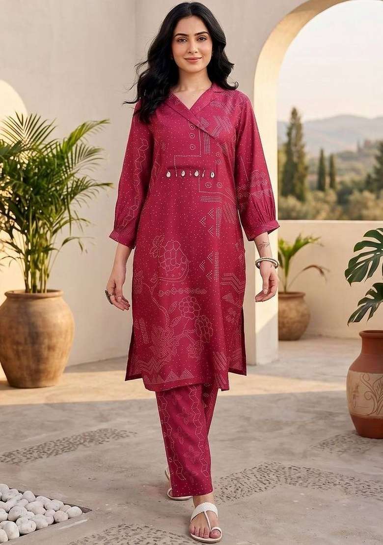 Maroon Printed Silk Kurta Set - Indya