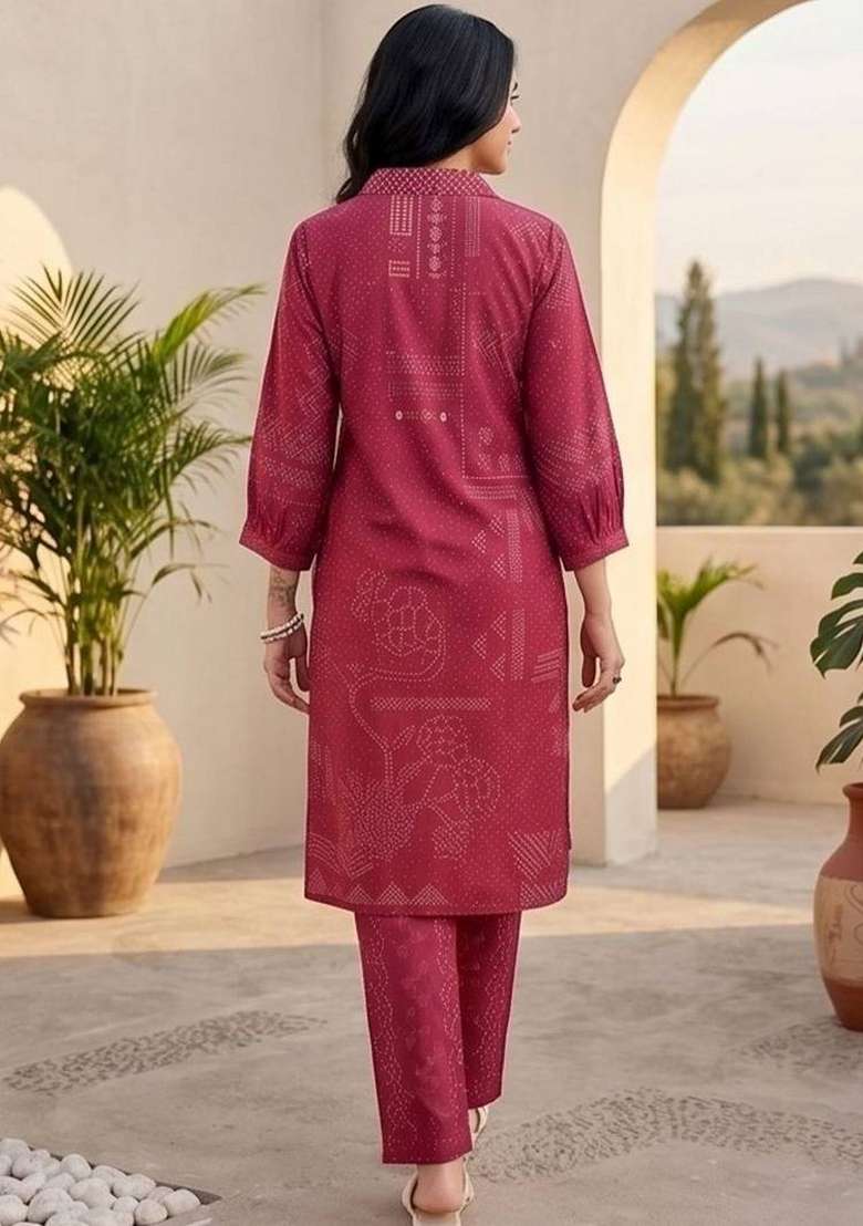 Maroon Printed Silk Kurta Set - Indya