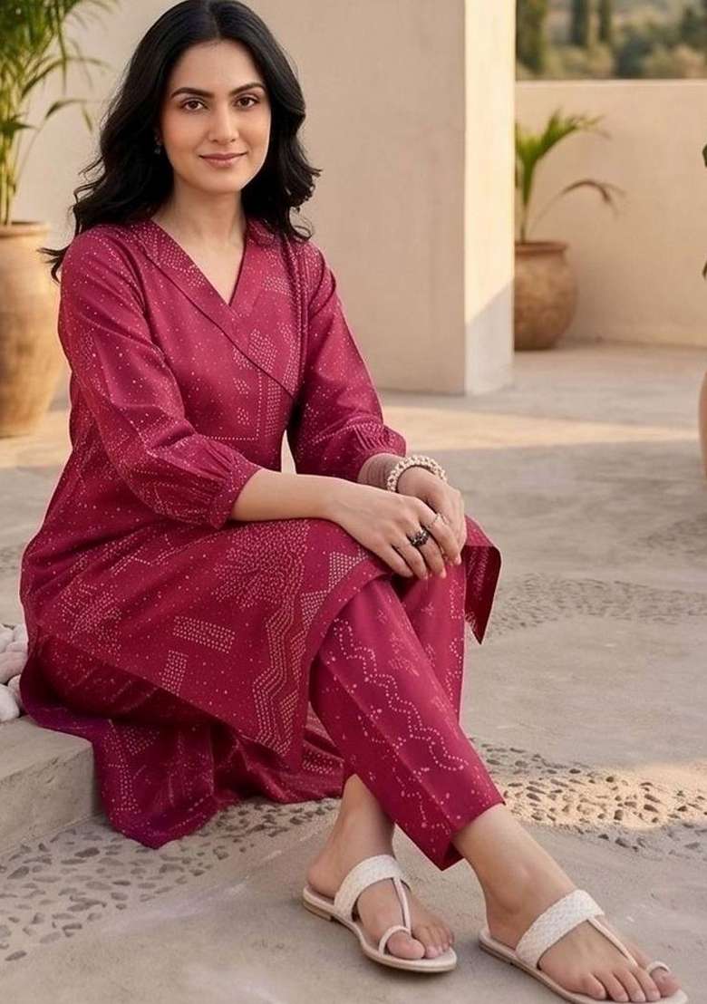 Maroon Printed Silk Kurta Set - Indya
