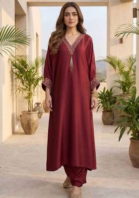Maroon Embroidery Silk Kurta Set