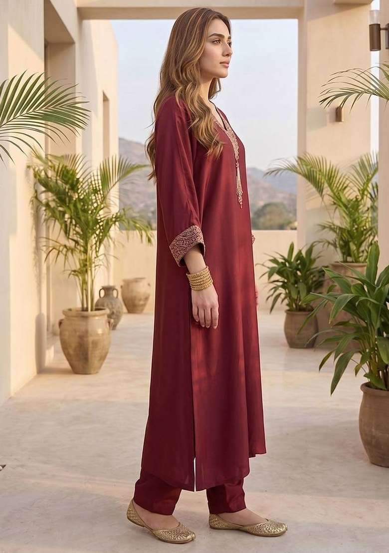 Maroon Embroidery Silk Kurta Set - Indya