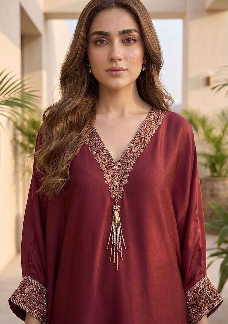 Maroon Embroidery Silk Kurta Set - Indya