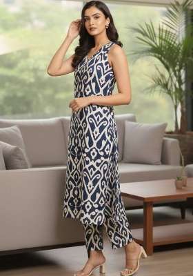 Navy Blue Printed Cotton Kurta Set