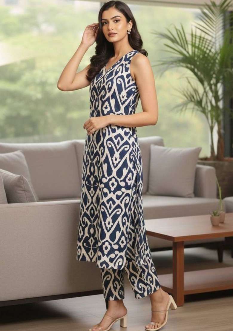 Navy Blue Printed Cotton Kurta Set - Indya