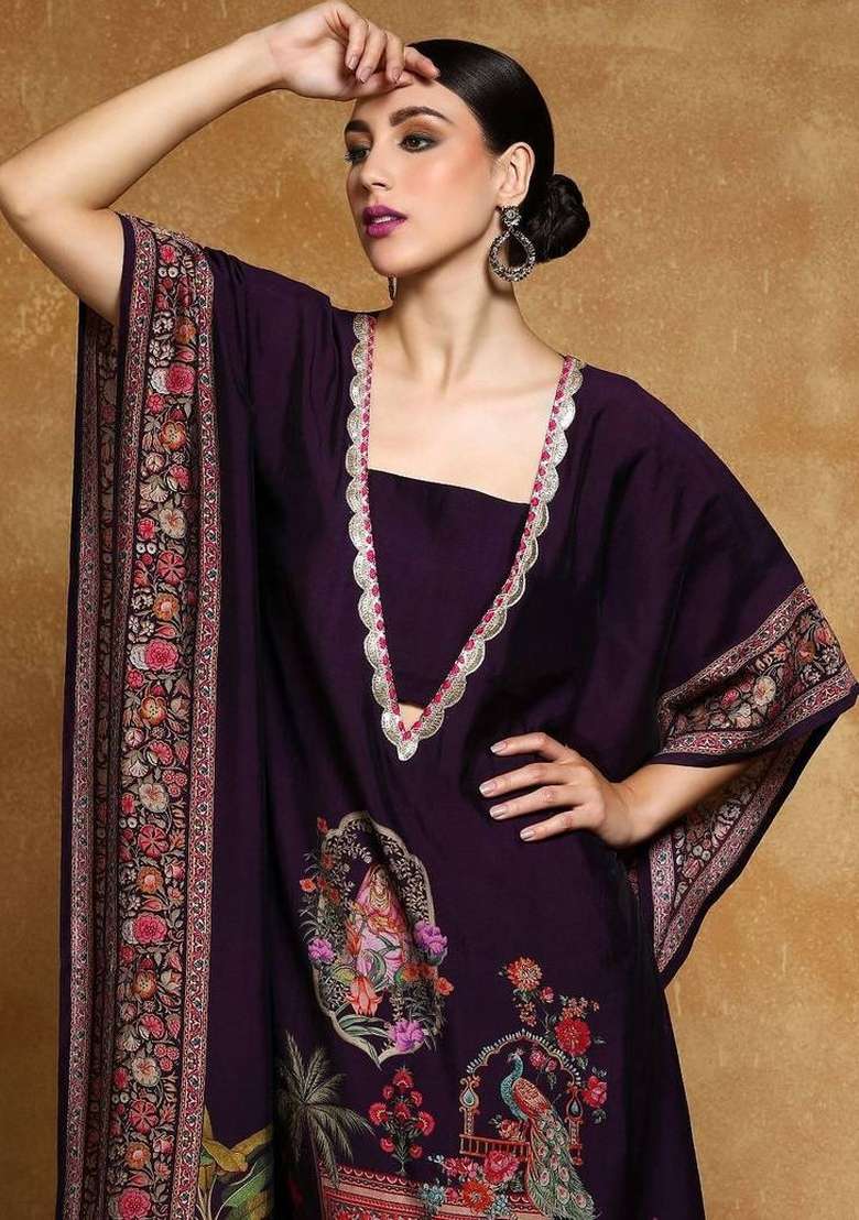 Purple Printed Silk Kurta Set - Indya