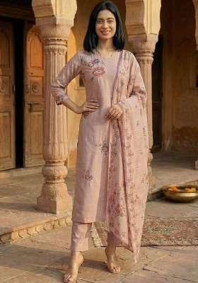 Peach Embroidery Silk Kurta Set