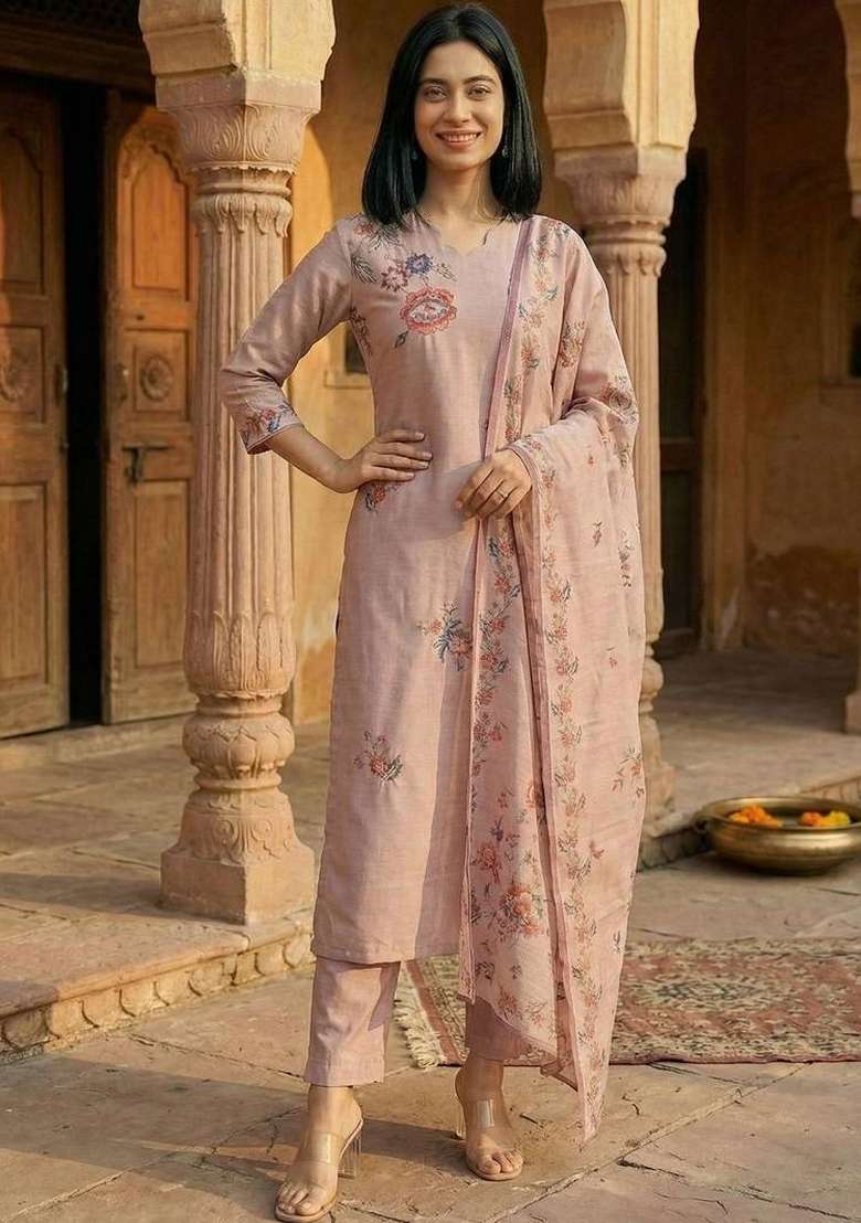 Peach Embroidery Silk Kurta Set - Indya