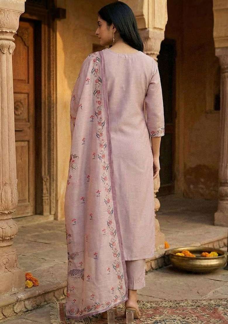Peach Embroidery Silk Kurta Set - Indya