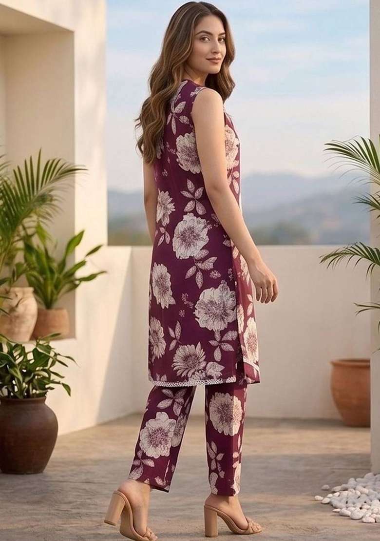 Maroon Printed Cotton Kurta Set - Indya