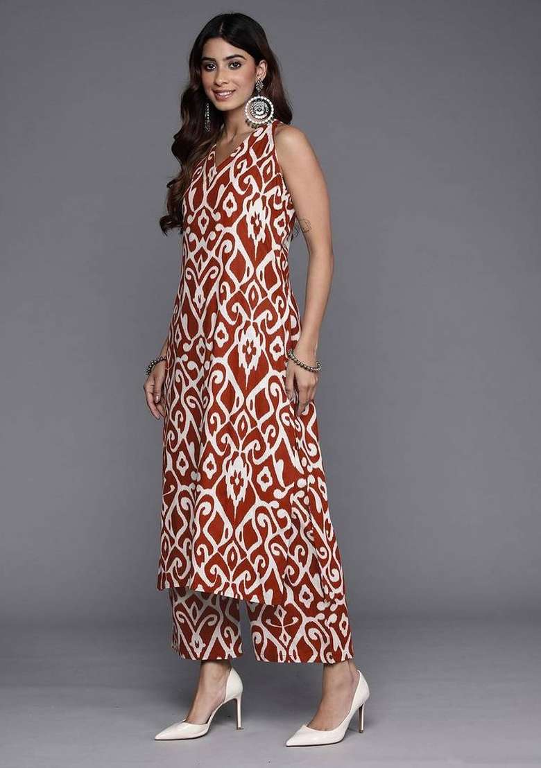 Red Printed Cotton Palazzo Set - Indya