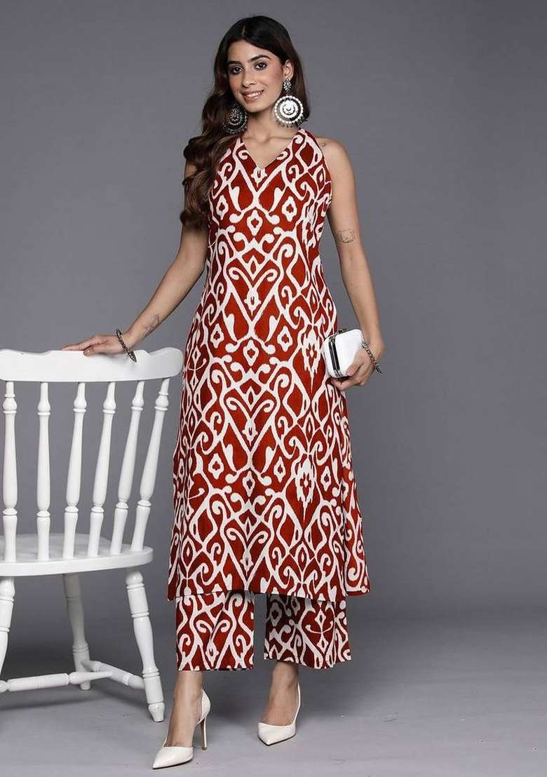 Red Printed Cotton Palazzo Set - Indya