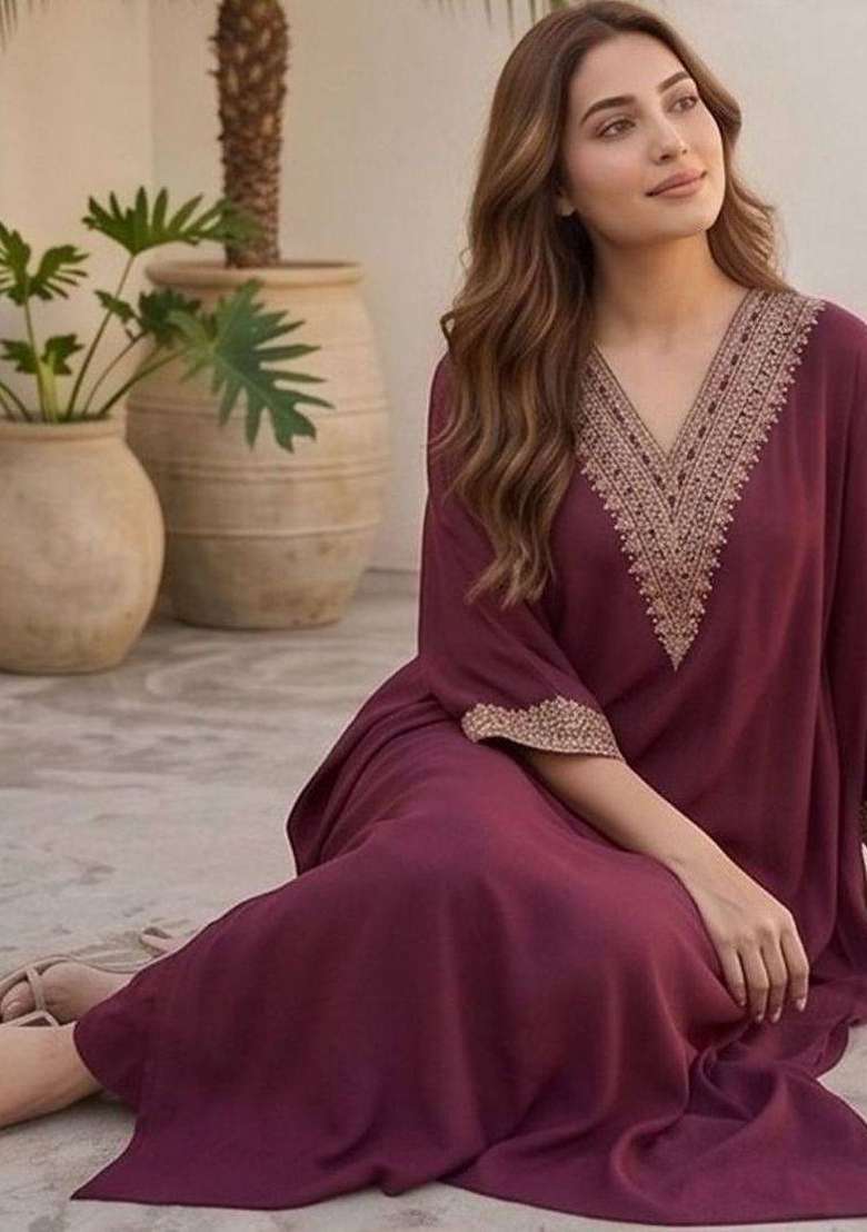 Maroon Embroidery Silk Kurta Set - Indya