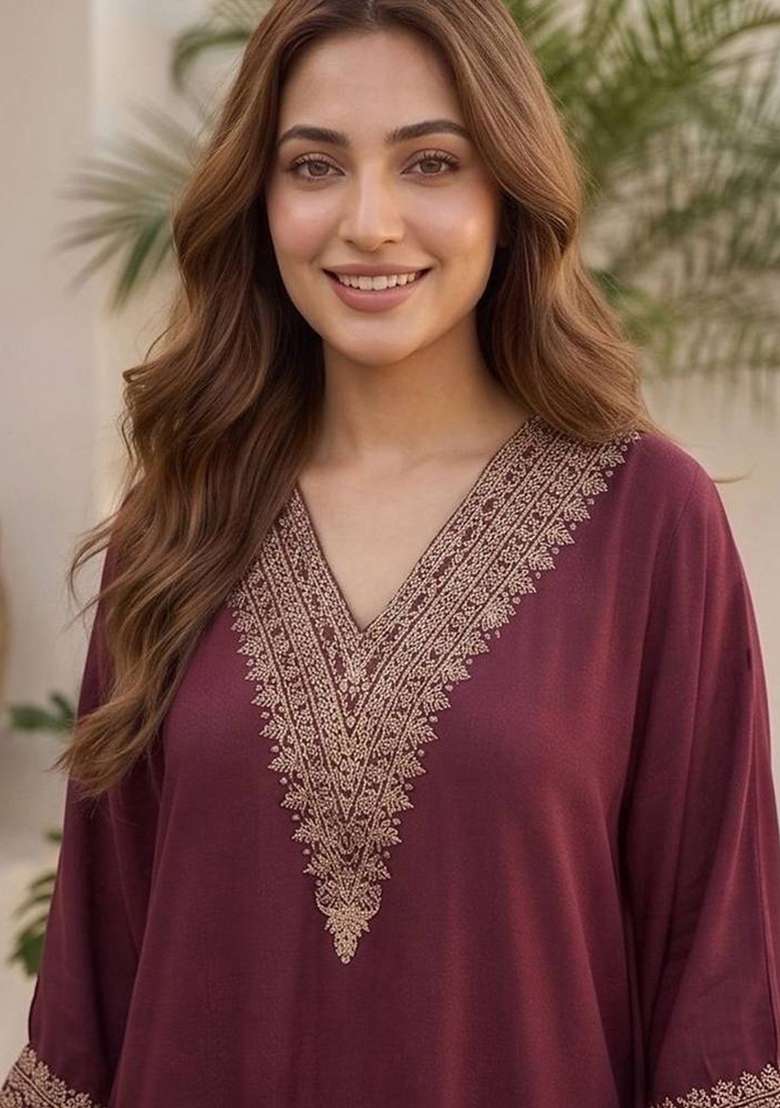 Maroon Embroidery Silk Kurta Set - Indya