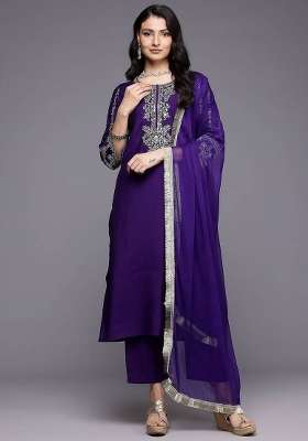 Navy Blue Embroidery Silk Kurta Set