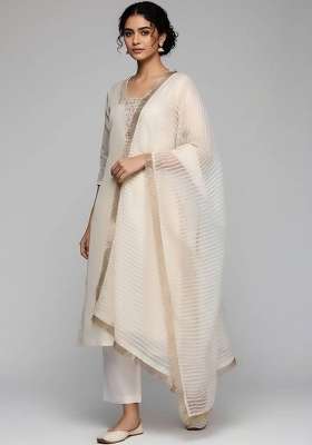 Off White Embroidery Silk Kurta Set