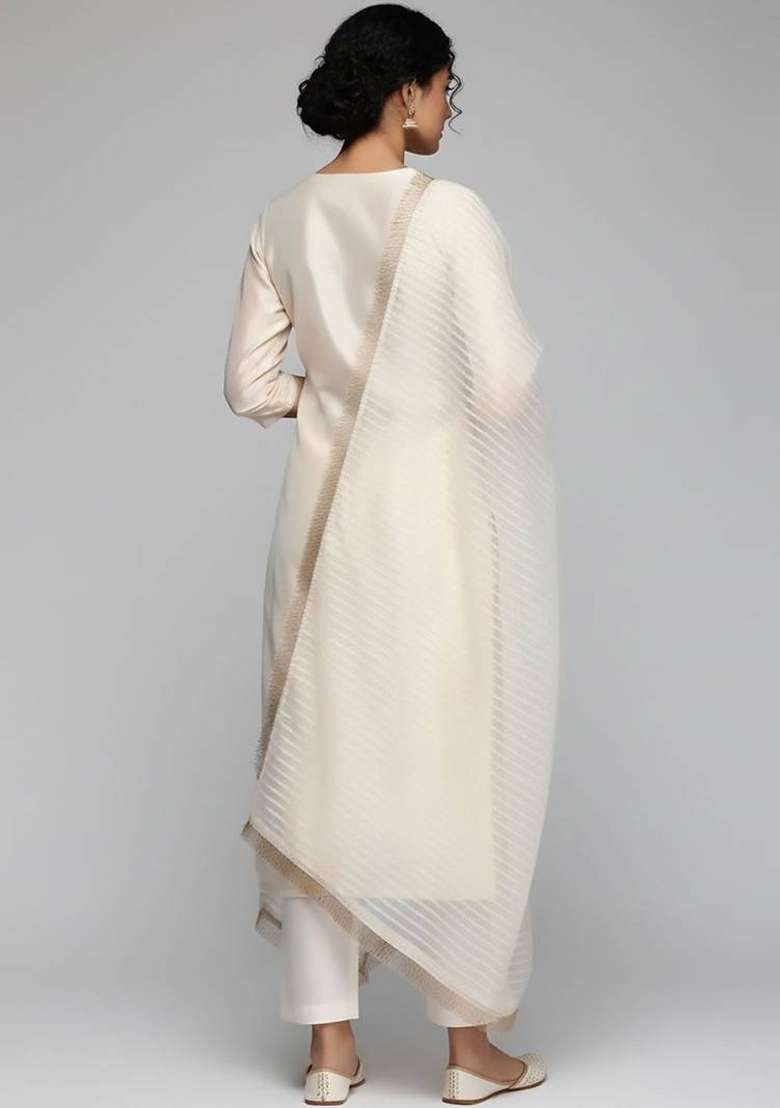 Off White Embroidery Silk Kurta Set - Indya