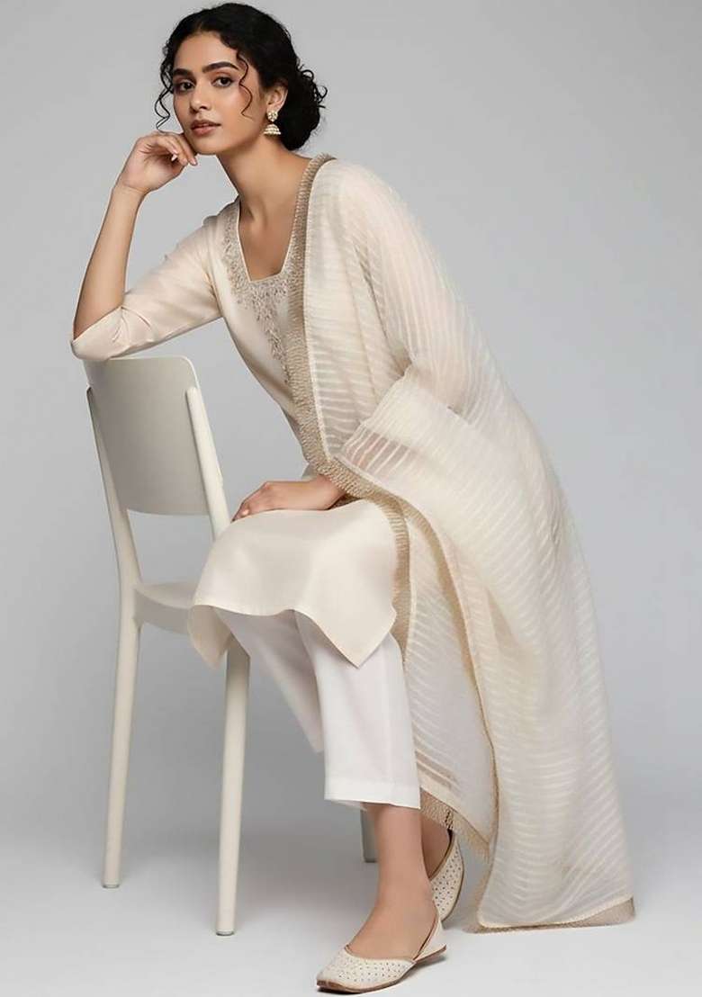 Off White Embroidery Silk Kurta Set - Indya