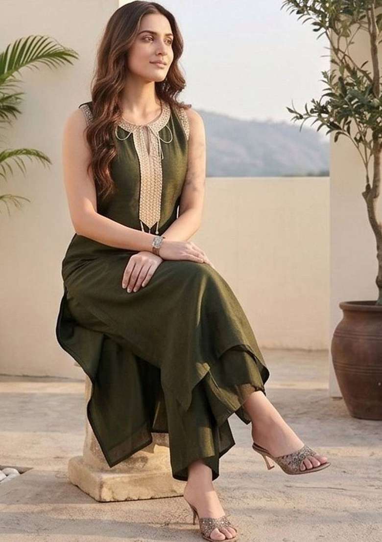 Olive Solid Silk Kurta Set - Indya