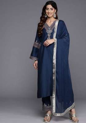 Navy Blue Embroidery Silk Kurta Set