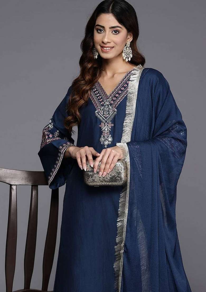 Navy Blue Embroidery Silk Kurta Set - Indya