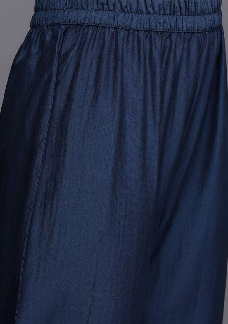 Navy Blue Embroidery Silk Kurta Set - Indya