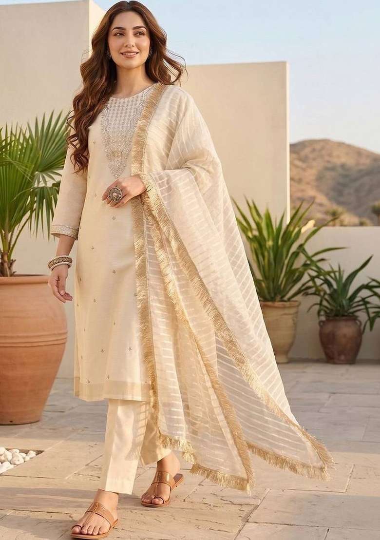 Off White Embroidery Silk Kurta Set - Indya