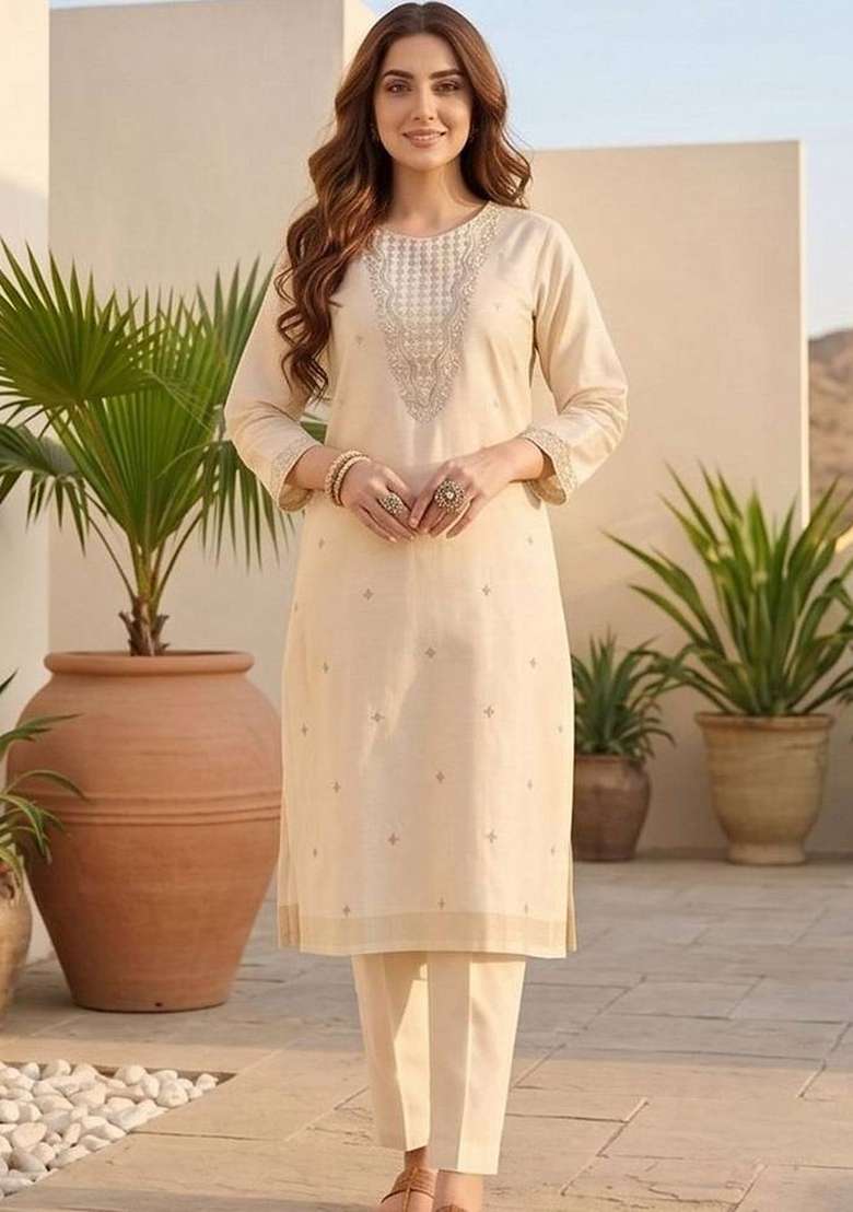 Off White Embroidery Silk Kurta Set - Indya