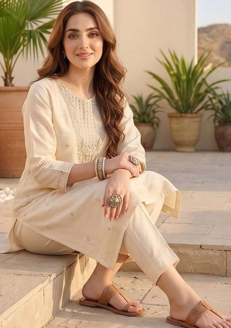 Off White Embroidery Silk Kurta Set - Indya