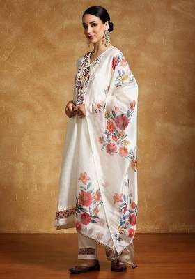 Off White Printed Silk Kurta Set