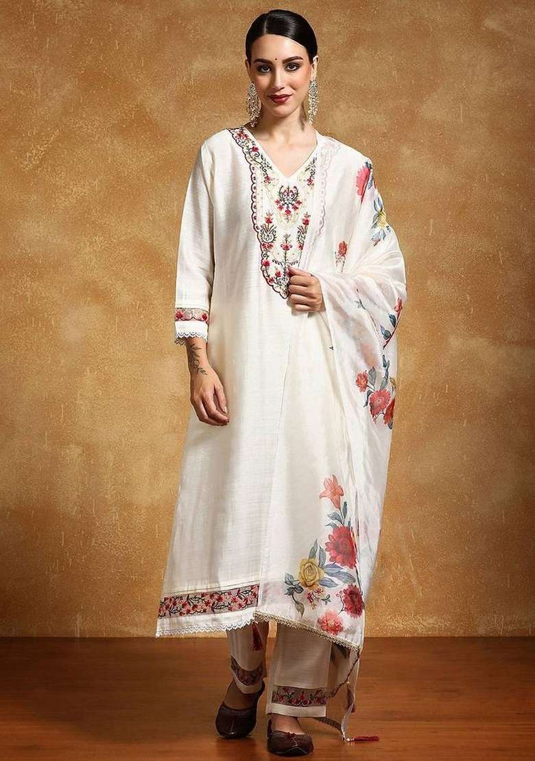 Off White Printed Silk Kurta Set - Indya