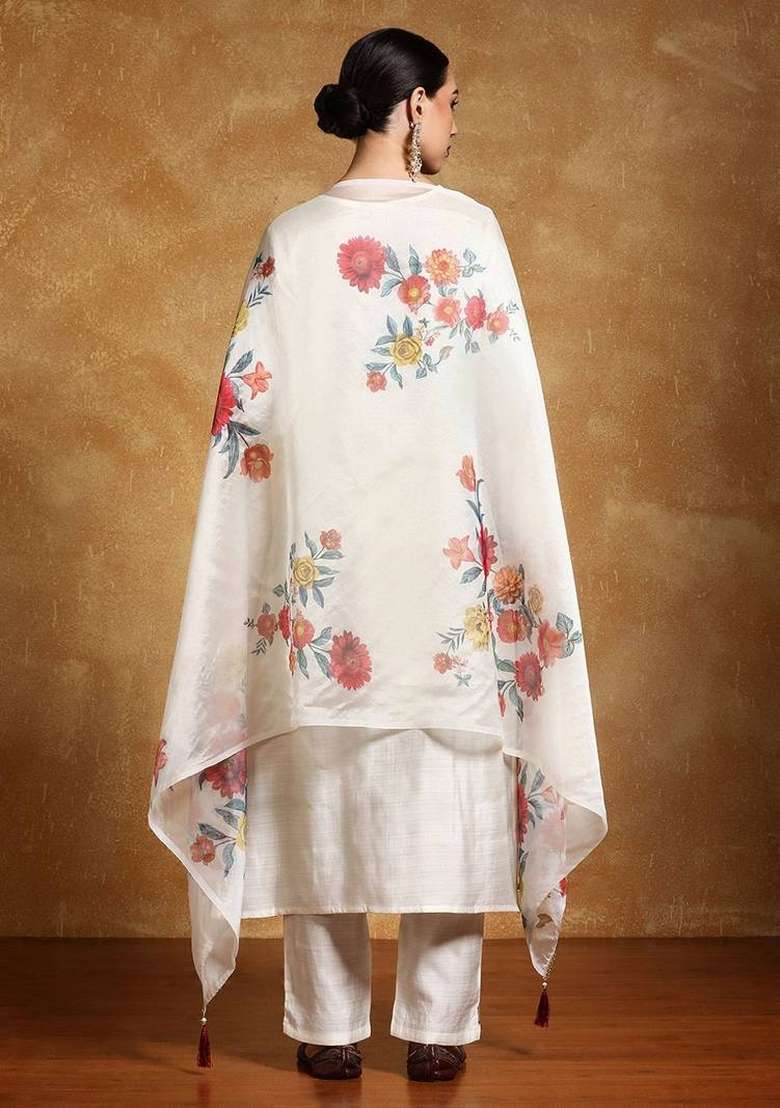 Off White Printed Silk Kurta Set - Indya