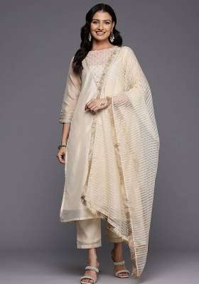 Off White Embroidery Silk Kurta Set