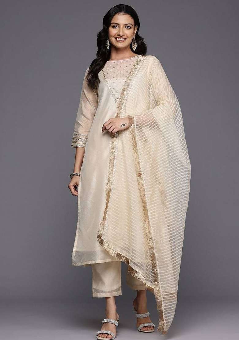 Off White Embroidery Silk Kurta Set - Indya