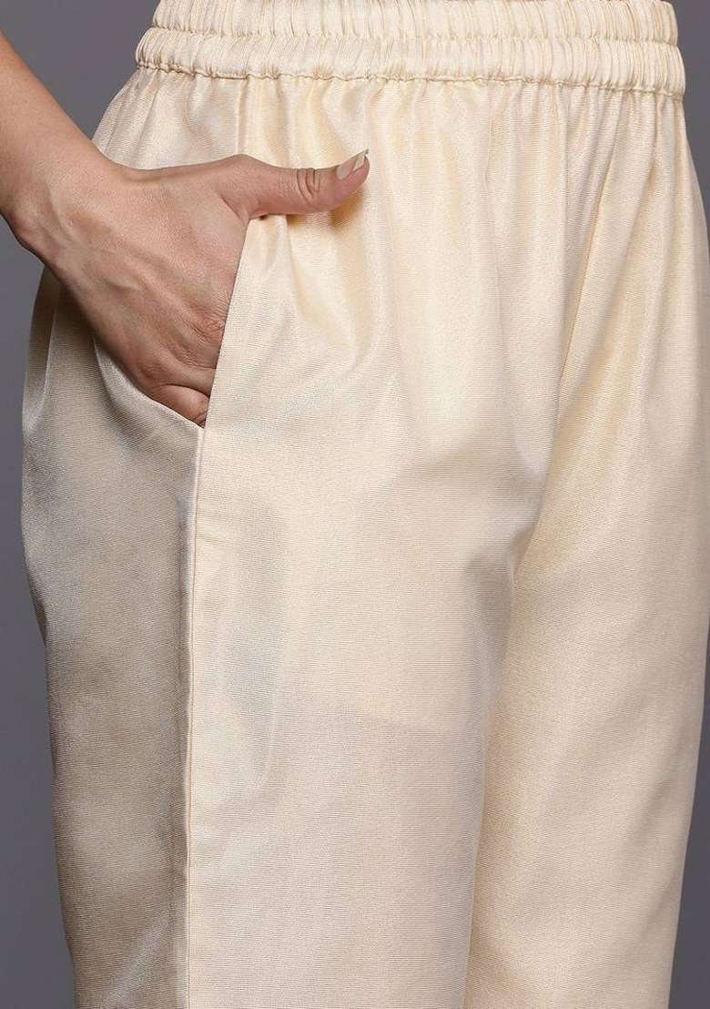 Off White Embroidery Silk Kurta Set - Indya