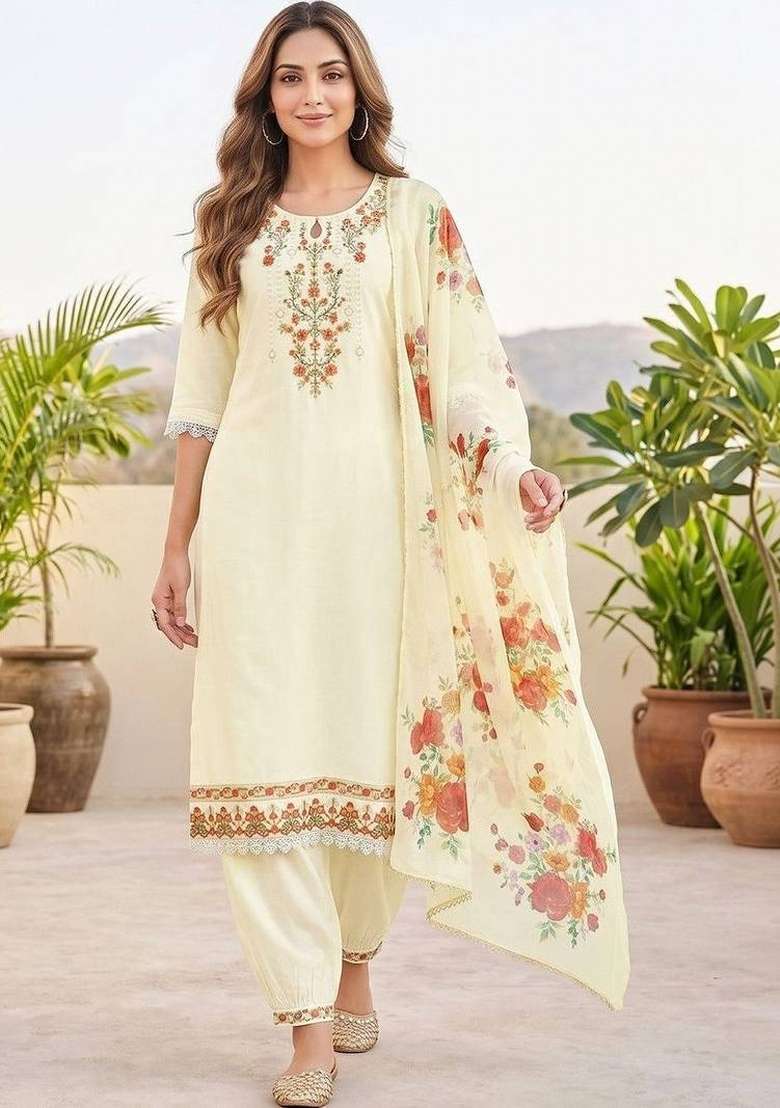 Cream Embroidery Silk Kurta Set - Indya
