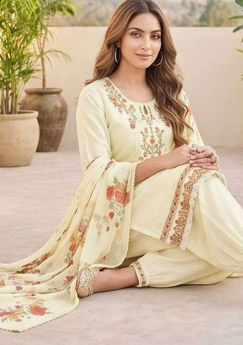 Cream Embroidery Silk Kurta Set - Indya