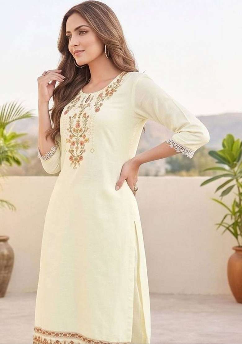 Cream Embroidery Silk Kurta Set - Indya