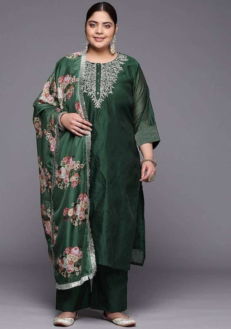 Green Embroidery Silk Kurta Set - Indya