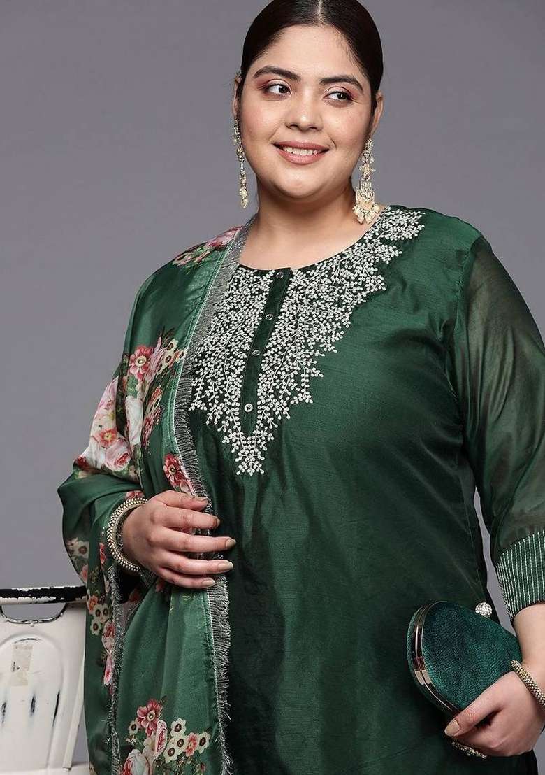 Green Embroidery Silk Kurta Set - Indya